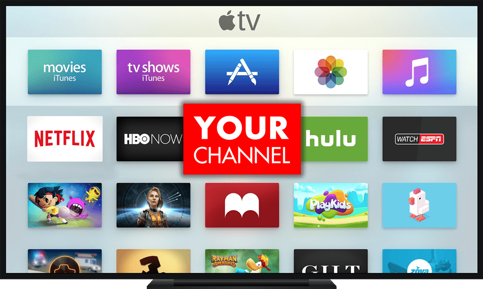 TV screen shows an Apple TV logo at the top with icons for streaming services and a red square with white lettering that says "Your Channel" 